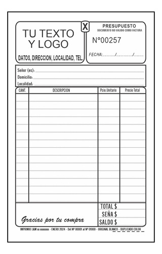 10 Talonarios Presupuestos Personalizados Duplicado Numerado