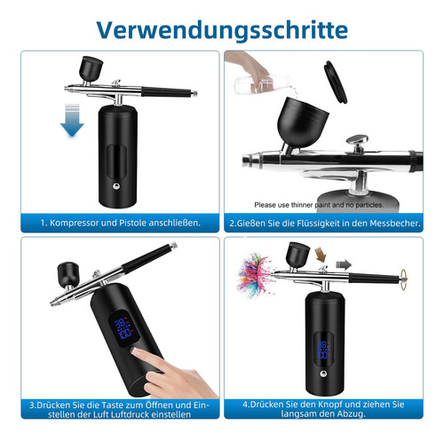 Kit pistola pulverizadora con display, recargable, compresor regulable, compresor de alta potencia 7.4V, tubo de extensión incluido, kit de limpieza,
