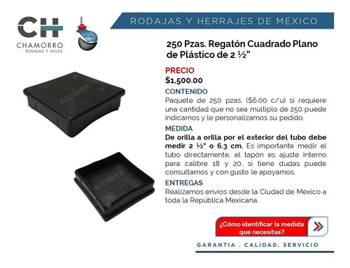 Regatón Tapón Cuadrado De Plástico De 2 1/2  Plano Paq. 250