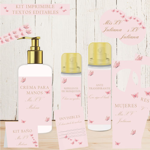 Kit Imprimible Baño Textos Editable, Mariposas Rosa 15 Años