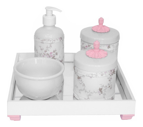 Kit Higiene Espelhado Potes Porcelana Bebê Nuvem Rosa Menina Cor Provençal