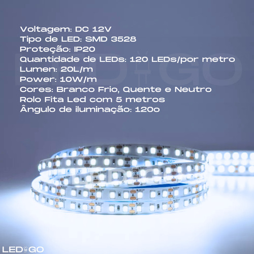 Fita Led 2835 Direta Branco 120 Leds 5 Metros Rolo Sem Fonte Luz Branco-neutro Tensão de operação 12V 127/220V