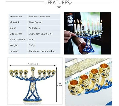 Imagen 3 de 7 de Hanukkah Menorah Candle Holder 9 Branch Rhinestones Jeweled