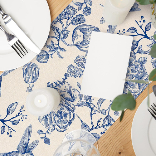 Caminos De Mesa De Lino Azul Y Blanco Retro Monocromáticos C