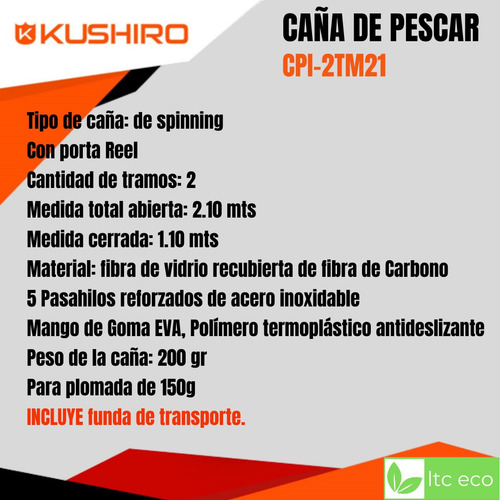 Imagen 2 de 10 de Caña Pescar Spinning 2.1 Mts Pesca Variada Kushiro 2 Tramos