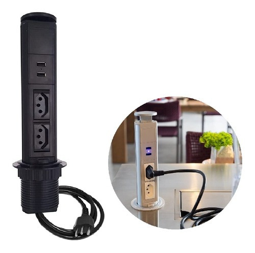 Imagem 1 de 3 de Torre Tomada Mini Totem Manual 2 Tomadas 20a + 2 Usb Preta