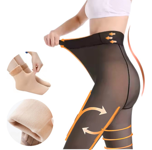 Can Can Efecto Piel + Medias Con Piel ¡calentito Y Comodo!, Negro Con Beige Xl/2xl