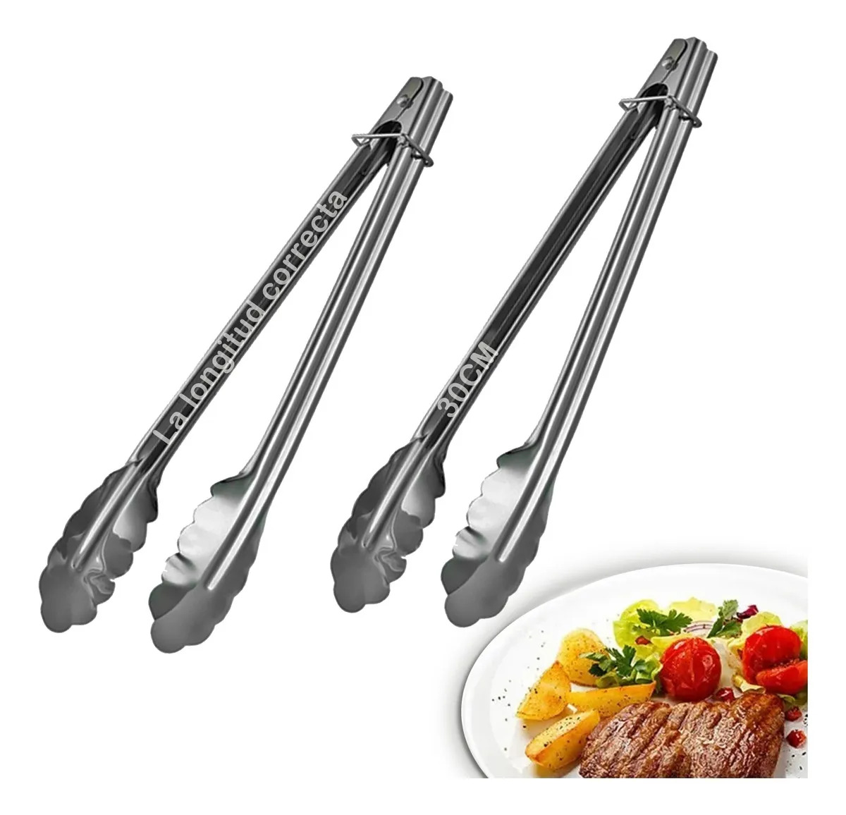 HALLMY Pinzas Cocina Acero Inoxidable Pinzas Para Carne Multiusos Plateado 30CM 2 Pzs Pinzas para Snacks Pinzas para Crisol Pinzas para Pan Pinza Tenaza Metalica Cocina