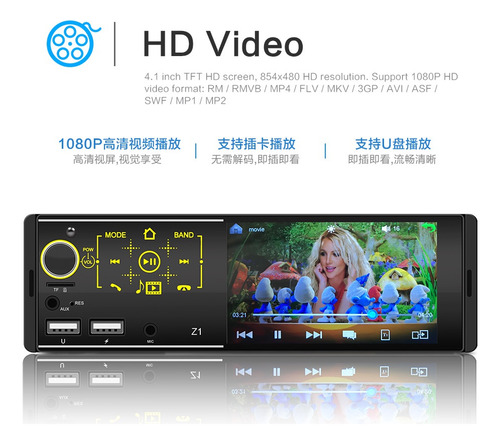 Autoestéreo Con Pantalla De 4.1in 1din Mp5 Bluetooth 2usb