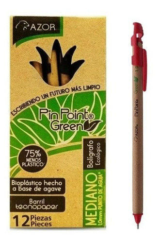 Boligrafo Azor Pin Point Green Rojo Mediano 1.0 Mm 12 Piezas