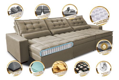 Sofá Retrátil e Reclinável 4,12m com Molas Ensacadas Cama Inbox Gold Tecido Suede Velusoft Castor