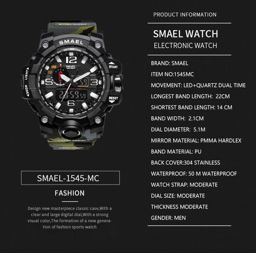 Reloj Militar Smael 1545 Verde S Shock Táctico Sumergible