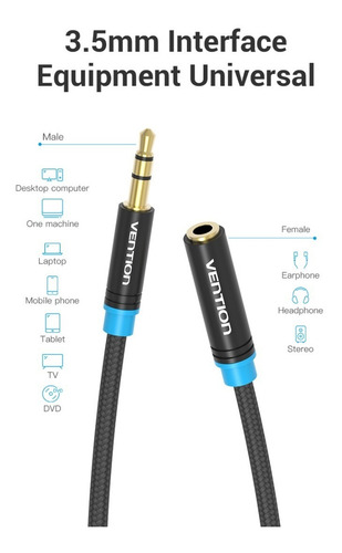 Cable Extension Audio Auxiliar Vention 3.5mm Nylon 1m 10 Pza