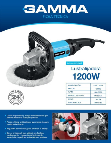 Lustra Lijadora Gamma G1928 Pulidora 1200w 180mm Rotativa