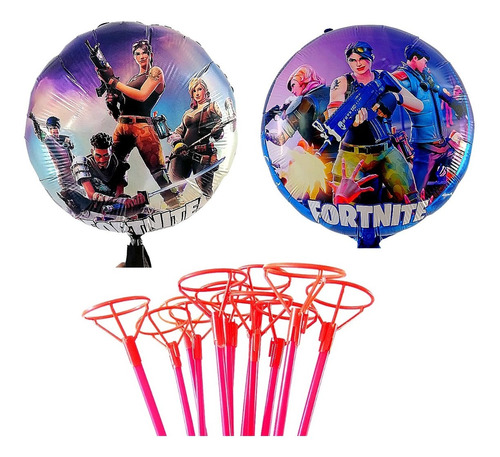 Set 12 Globos Metálico Fortnite Dia Del Niño Con Varas 45 Cm