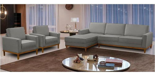 Sofá 3 Lug 2,10m C Chaise Esq 2 Poltronas Living Linho Cinza