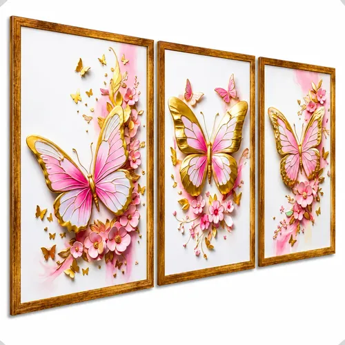 Quadro Decorativo Mosaico 3 Peças Borboleta Rosa Sala Quarto Rose