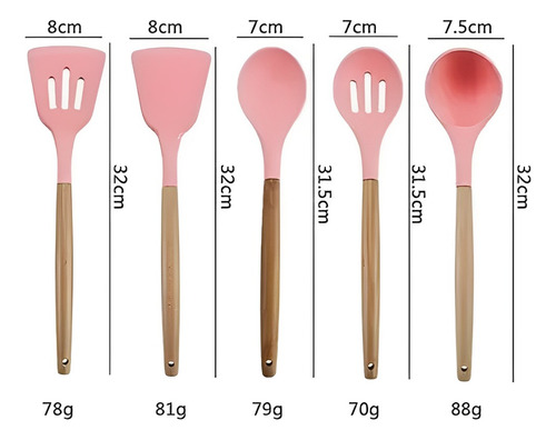 Juego Utensilios De Cocina 11 P C/ Soporte Madera Y Silicona Rosa