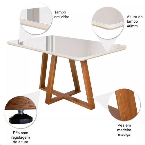 Mesa De Jantar Wood Premium Base Madeira Pura Com Vidro