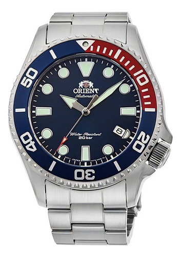Reloj Orient Ra-ac0k03l Diver Tritón Automático Zafiro Color De La Malla Plateado Color Del Bisel Azul Y Rojo Color Del Fondo Azul