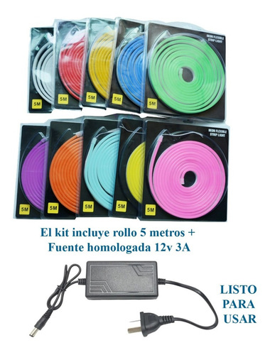 Imagen 5 de 10 de Kit Tira Luces Led Neon Manguera Flexible Exterior + Fuente