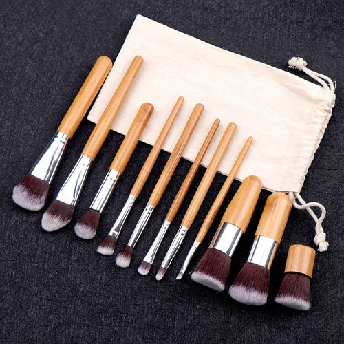 Imagen 7 de 9 de Set 11 Brochas Pinceles Maquillaje Bambú Con Bolsa Algodón
