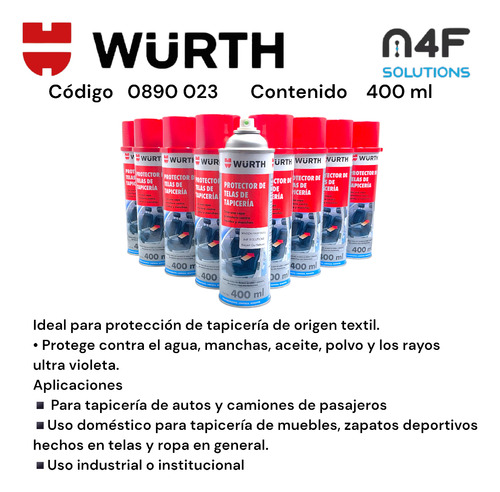 Wurth Protector Telas Auto Tapiceria Asientos 400 Ml 9 Pzas