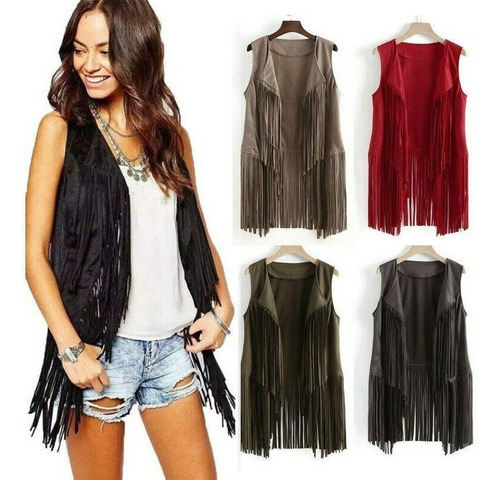 Cárdigan Bohemio Sin Mangas Con Flecos Y Flecos Para Mujer