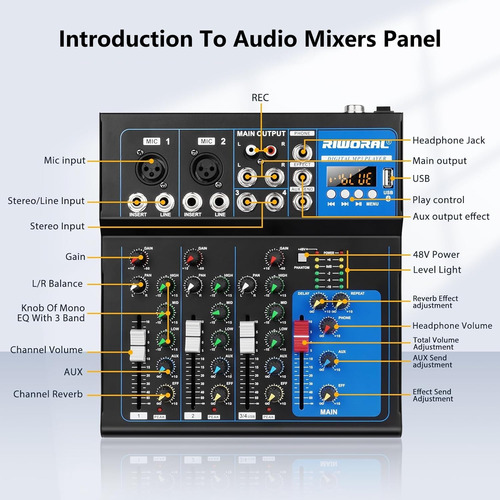 Audio Interface Mixer Riworal 4 Channel W/ Bluetooth +48v