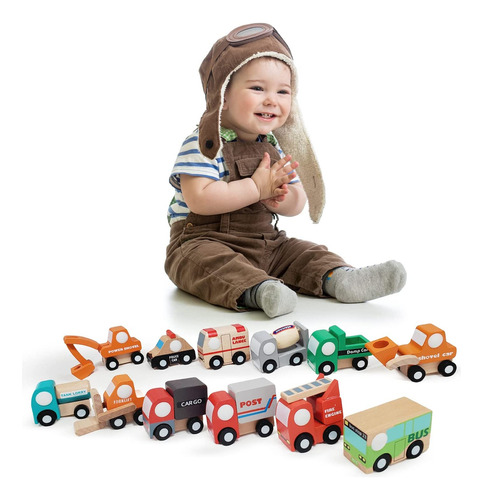 Tekor Juego De 12 Coches De Juguete De Madera Para Niños, Ju