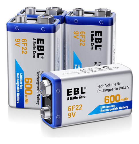 Paquete De 4 Baterías Recargables 9v Ebl 600 Mah Pila Cuadra