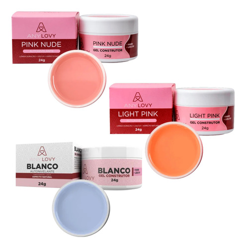 Kit 3 Géis Anylovy 24g Versatilidade E Qualidade Para Unhas Cor Gel Pink Nude + Light Pink + Blanco