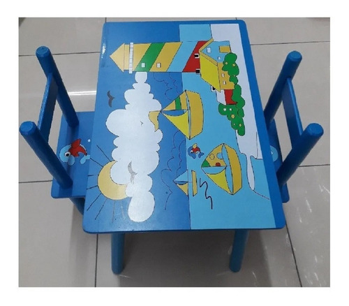 Mesa De Madera Infantil 2 Sillas 70x50cm En Celeste O Rosado