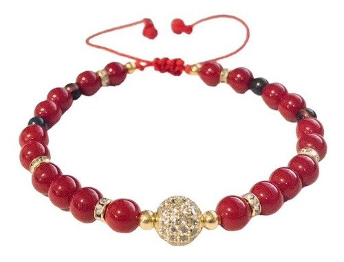 Pulsera Roja De Coral Con Piedra Ojo De Tigre. Ajustable. 