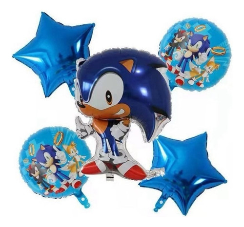 Kit 5 Balão Metalizado Sonic Turma E Estrela Azul 45cm
