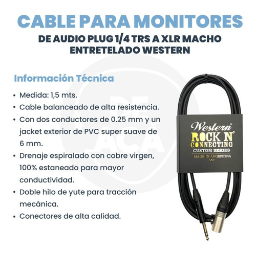 Cable Western Xlr M A Plug Trs Balanceado Monitor 2mts