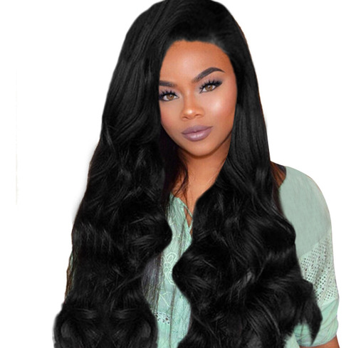 Peluca De Moda Para Mujer, Pelo Sintético Negro, Peluca Larg