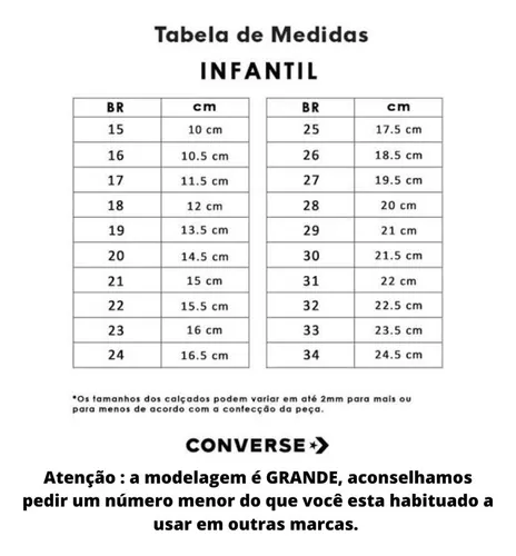 Tabela de tamanho hotsell all star converse