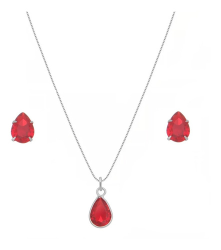 Conjunto Gota Vermelha Colar + Brinco Vermelho Prata 925