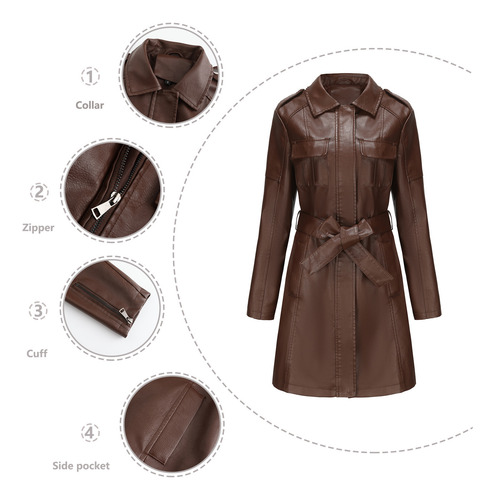 Gabardina De Cuero Con Cinturón Para Mujer Abrigo Largo