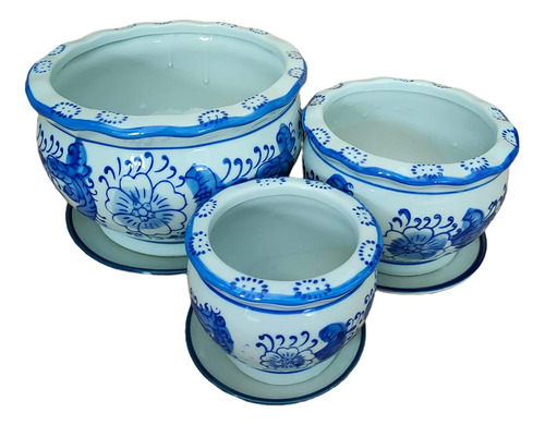 Juego De 3 Macetas Pequeñas De Porcelana De Color Azul...