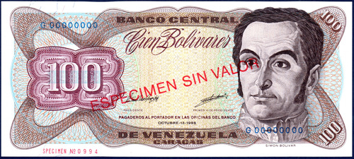 Billete Espécimen Sin Valor 100 Bolívares Octubre 13 1998 G8