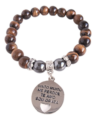 Pulseira Pedras Olho De Tigre E Hematita Ho'oponopono Diâmetro 18 cm