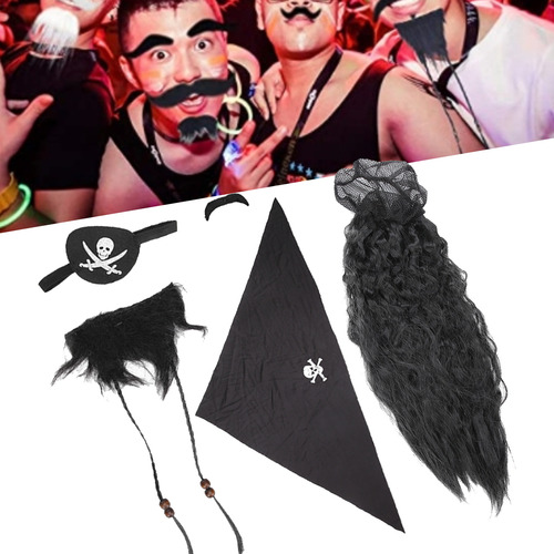 Set De Peluca Con Barba Falsa Y Bigote De Pirata Negro