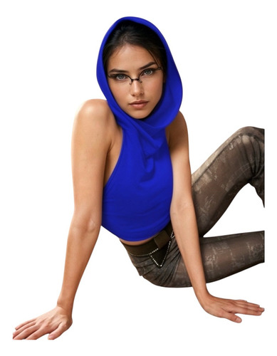 Blusa Crop Top Recta Con Capucha Sin Mangas Mujer