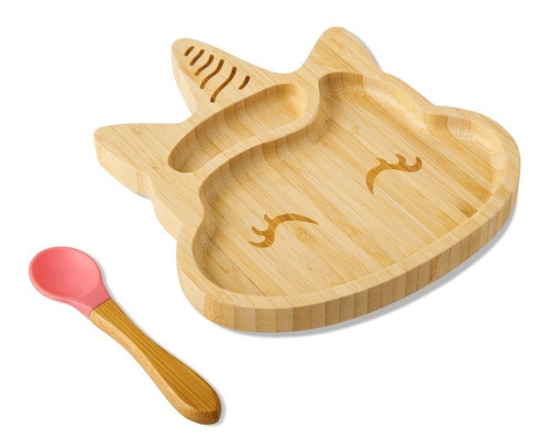 Plato Con Silicona Cuchara 100% De Bambú Para Bebé