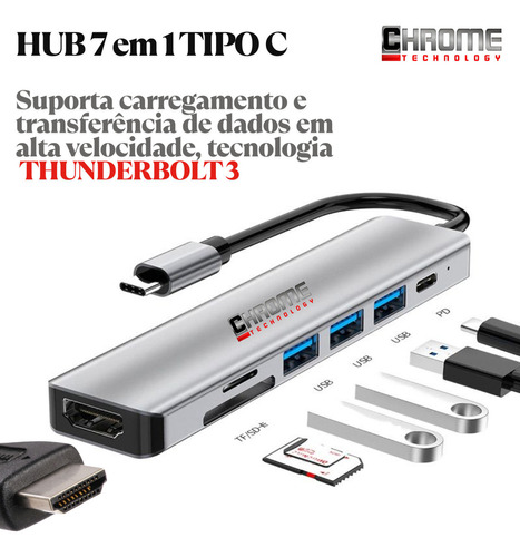 Hub Usb Adaptador 7 Em 1 Tipo C Thunderbolt Air M1 M2 Dex Hdmi 4k 7 Em 1 P/ Macbook Air Pro M1 S22 S23 S24 Em Modo Dex Pc Chrome Technology