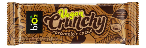 Barra de cereal biO2 Vegan Crunchy sem glúten  sabor caramelo e cacau cobertura chocolate meio amargo 28 g