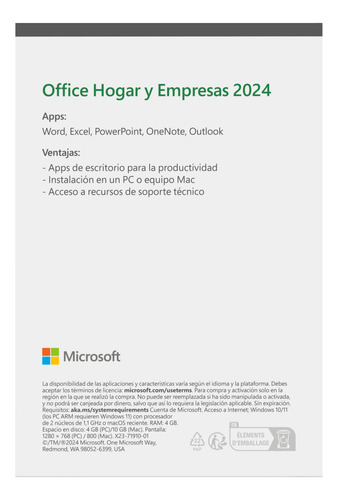 Licencia Microsoft Office Hogar Y Empresas 2024 1 Pc/mac
