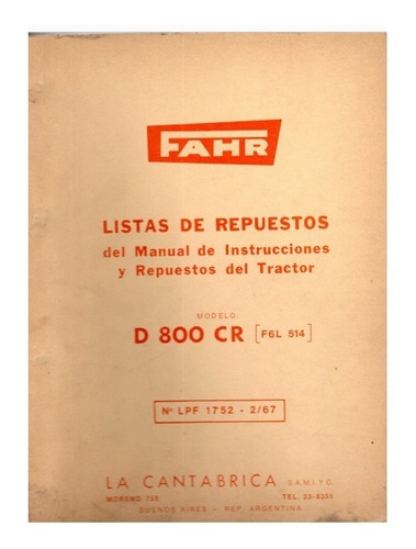 Manual Despiece Repuestos Tractor Fahr D 800 Cr F6l514